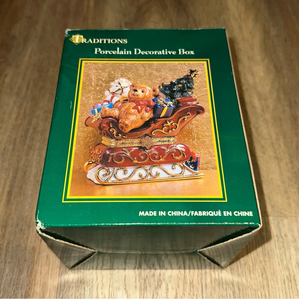 Traditions Porcelain Decorative Hinged Trinket Box. Sleigh w/ Toys